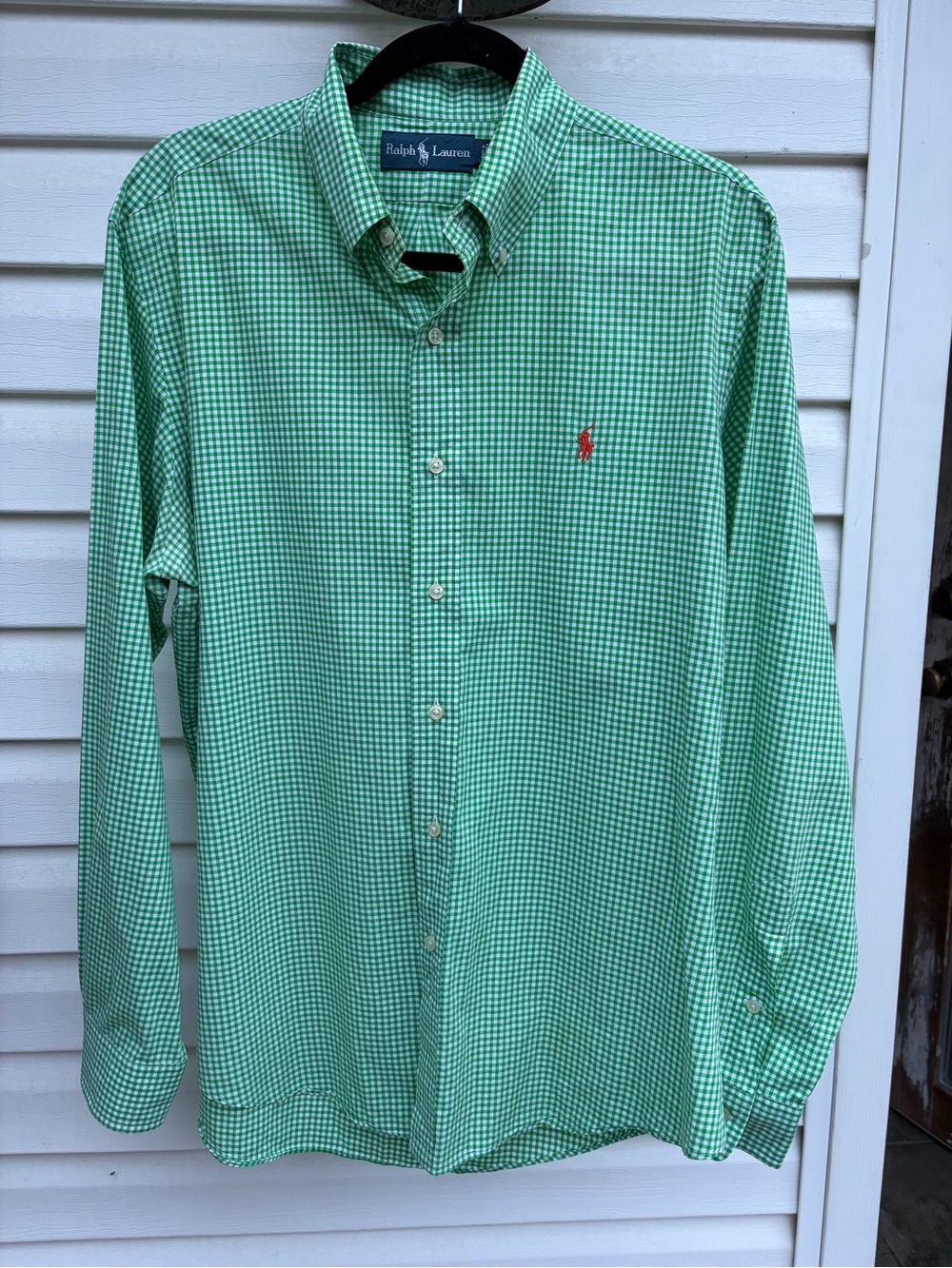 Polo Ralph Lauren Green Check Button Down Shirt Orange Pony Logo Large